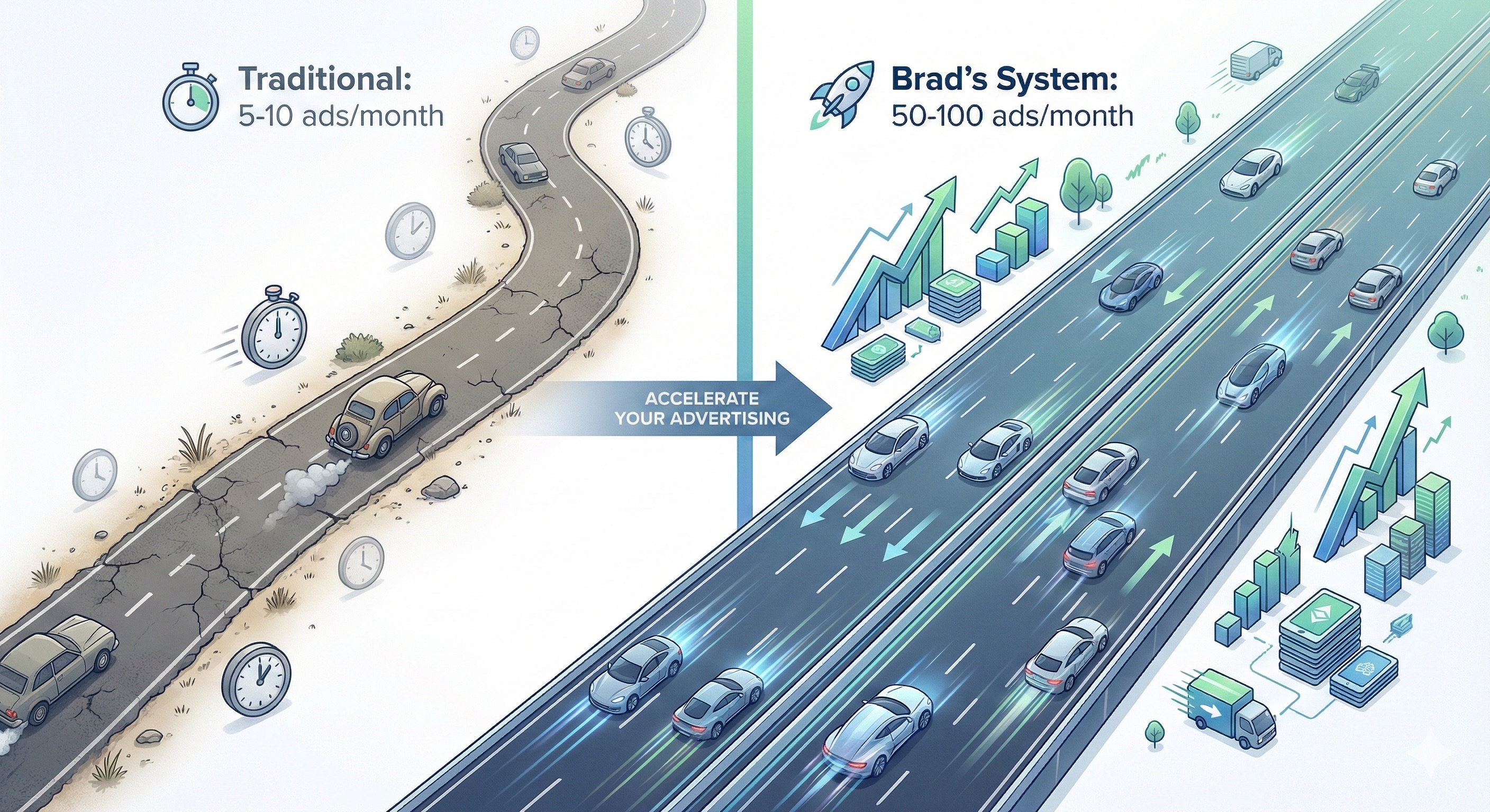 Traditional approach (5-10 ads/month) vs Brad's System (50-100 ads/month)