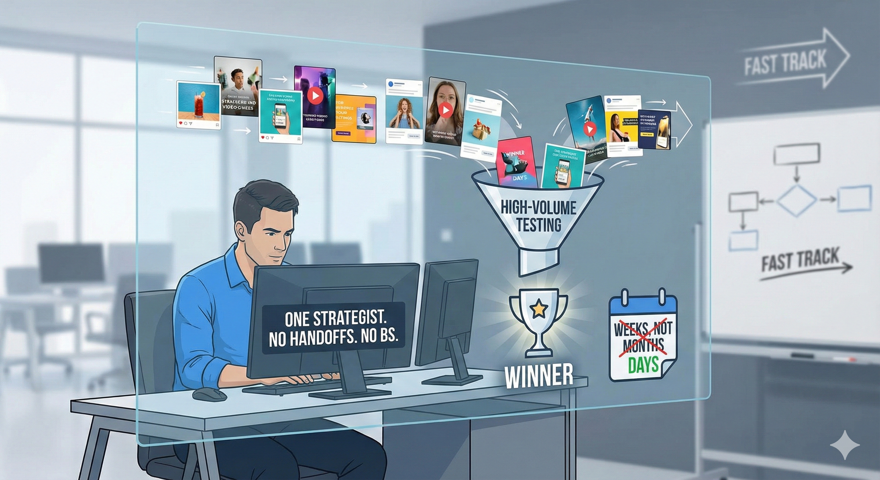 High-volume creative testing that finds winners in days, not weeks or months. One strategist. No handoffs. No BS.